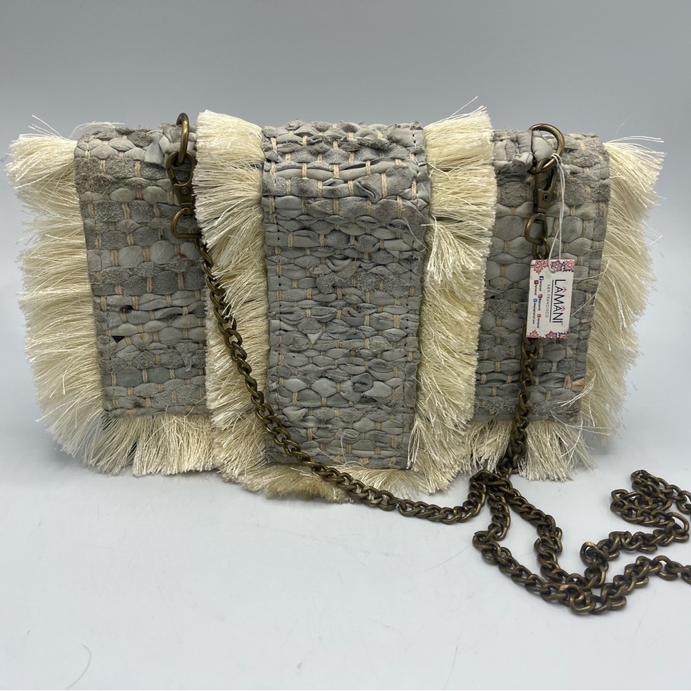 Lux Woven Fringe Shoulder Bag - Cream and Gray